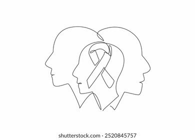 Single one line drawing three overlapping profiles, with a ribbon in the center. The shared empathy. Solidarity. Care. Awareness. Support. Rare Disease Day. Continuous line design graphic illustration