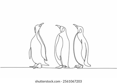 Single one line drawing three adult penguins standing. Observing the surrounding area. Avoiding danger. Looking for food. The emperor. World Penguin Day. Continuous line design graphic illustration