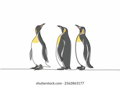 Single one line drawing three adult penguins standing. Observing the surrounding area. Avoiding danger. Looking for food. The emperor. World Penguin Day. Continuous line design graphic illustration