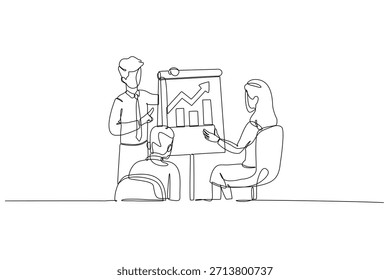 Una sola línea dibujando a tres colegas en la presentación de negocios revisando el rotafolio con el gráfico de barras de tendencia ascendente. Crecimiento financiero exitoso. Ilustración vectorial gráfica de diseño de dibujo de línea continua