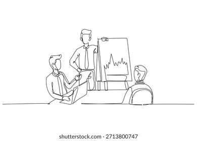 Single one line drawing three businessmen in office meeting, with one presenting fluctuating chart to colleagues, discussion business strategy. Continuous line draw design graphic vector illustration