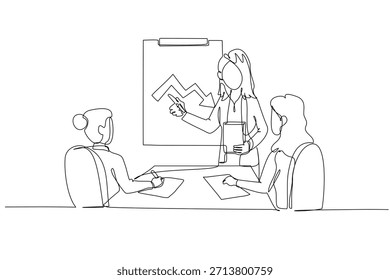 Single one line drawing three women in business meeting, with one presenting fluctuating arrow chart, discussion on market challenges and strategic planning. Continuous line design vector illustration