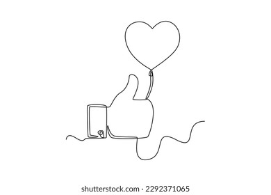 Single one line drawing thumbs up holding love balloon. Social media concept. Continuous line draw design graphic vector illustration.