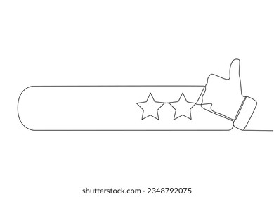 Single one line drawing thumbs up next to 2 stars. Star rating. Rather bad review. Feedback concept. Buyer experience. Customer review rating. Ecommerce. Continuous line design graphic illustration