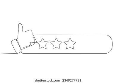 Single one line drawing thumbs up next to 3 stars. Star rating. Mid range review. Feedback concept. Buyer experience. Customer review rating. Ecommerce. Continuous line design graphic illustration