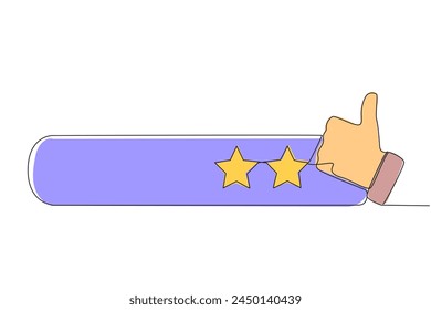 Single one line drawing thumbs up next to 2 stars. Star rating. Rather bad review. Feedback concept. Buyer experience. Customer review rating. Ecommerce. Continuous line design graphic illustration