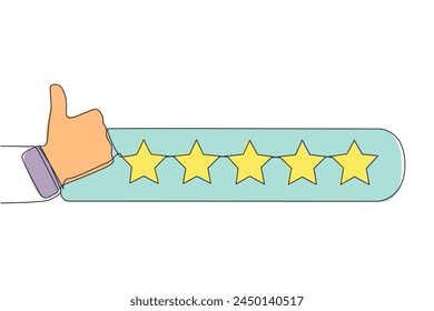 Single one line drawing thumbs up next to 5 stars. Star rating. Positive review. Feedback concept. Buyer experience. Customer review rating. Ecommerce. Continuous line design graphic illustration