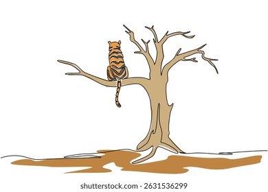 Single one line drawing tiger sitting on a big dry tree branch. Massive and continuous hunting. Victims of human greed. National Endangered Species Day. Continuous line design graphic illustration
