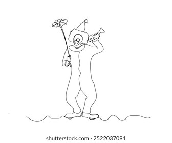 Single one line drawing of a tightrope walking circus clown. A cute man in a suit and makeup for a holiday for children. Joker in a suit and wig. Hand made vector not AI.