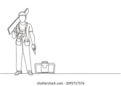 Single One Line Drawing Timber Frame House Construction Worker. Repairman Standing With Board, Tool Box, And Drill. Building, Construction, Repair Work Services. Continuous Line Draw Design Vector