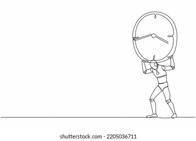 Robot de una sola línea dibujando cansado con un reloj pesado en la espalda. Robot trabaja dentro de un plazo y tiempo, bajo presión. Inteligencia artificial robótica. Ilustración de dibujo de línea continua