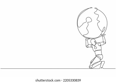 Single one line drawing of tired robot carrying heavy globe on his back. Earth exploitation, industrial pollution. World economic crisis. Future technology. Continuous line design vector illustration