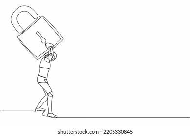 Single one line drawing tired robot carrying heavy padlock on his back. Tech industry bankruptcy in Covid-19 pandemic lockdown crisis. Robotic development. Continuous line design vector illustration