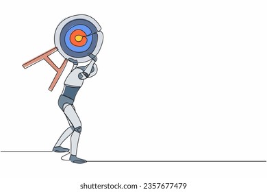 Single one line drawing tired robot carrying heavy target on his back. Exhausted to achieve, win business competition. Future technology development. Continuous line graphic design vector illustration