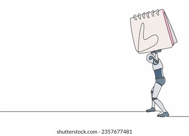 Robot de una sola línea dibujando cansado cargando un calendario pesado en su espalda. Ciborg con problema de trabajo y plazo límite. Robot humanoide organismo cibernético. Ilustración vectorial de diseño gráfico de línea continua