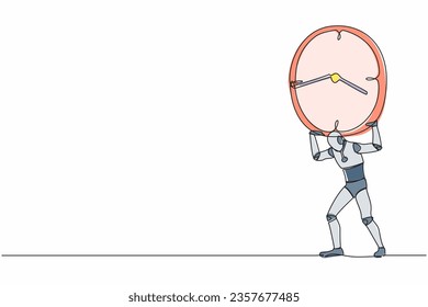 Robot de una sola línea dibujando cansado con un reloj pesado en la espalda. Robot trabaja dentro de un plazo y tiempo, bajo presión. Inteligencia artificial robótica. Ilustración de dibujo de línea continua
