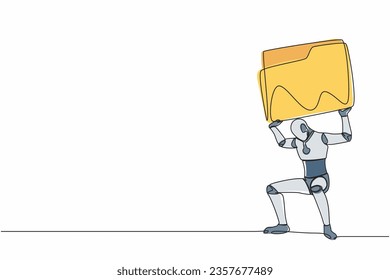 Single one line drawing tired robot carrying heavy folder icon on his back. Frustrated cyborg due to overload of work. Robotic artificial intelligence. Continuous line draw design vector illustration