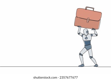Single one line drawing of tired robot carrying heavy briefcase on his back. Pressure from too much responsibility. Artificial intelligence machine learning. Continuous line design vector illustration
