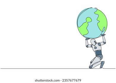 Single one line drawing of tired robot carrying heavy globe on his back. Earth exploitation, industrial pollution. World economic crisis. Future technology. Continuous line design vector illustration