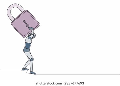 Single one line drawing tired robot carrying heavy padlock on his back. Tech industry bankruptcy in Covid-19 pandemic lockdown crisis. Robotic development. Continuous line design vector illustration