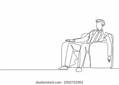 Una sola línea de dibujo cansado hombre de negocios duerme en una posición sentada en el sofá. Tómese un breve descanso antes de continuar la reunión. Día Nacional de la Siesta. Ilustración gráfica de diseño de línea continua