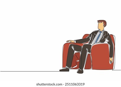 Una sola línea de dibujo cansado hombre de negocios duerme en una posición sentada en el sofá. Tómese un breve descanso antes de continuar la reunión. Día Nacional de la Siesta. Ilustración gráfica de diseño de línea continua