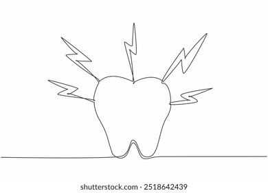 Uma única linha desenhando um dente é cercada por raios. A dor e o desconforto associados às dores de dente. Saúde dentária. Dia Nacional da Dor de Dente. Ilustração gráfica de design de linha contínua