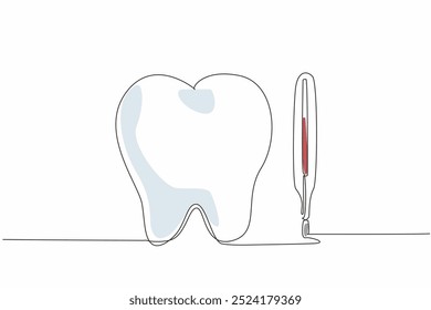 Uma única linha desenhando um dente e um termômetro lado a lado. O potencial para infecções orais causarem febre. Saúde dentária. Dia Nacional da Dor de Dente. Ilustração gráfica de design de linha contínua