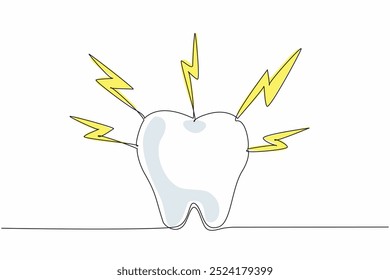 Una sola línea dibujando un diente está rodeado por rayos. El dolor y la molestia asociados con los dolores de muelas. Salud dental. Día Nacional del Dolor de Dientes. Ilustración gráfica de diseño de línea continua