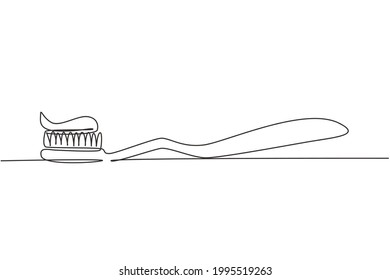 Einzeilige Zahnbürste mit Zahnpasta. Zahnpflegemittel zu Hause. Zahnputzen. Zähne Pflegekonzept. Orales Pflegezentrum. Modern-Stetig-Liniendesign, Vektorgrafik