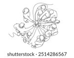 Single one line drawing top view of group young happy business people unite their hands together to form circle shape symbol. Teamwork concept. Continuous line draw design graphic vector illustration