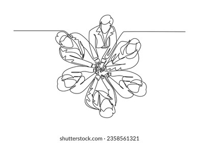 Single one line drawing top view businessmen and business woman handshaking each other. Great teamwork commitment. Business deal concept. Modern continuous line draw design graphic vector illustration