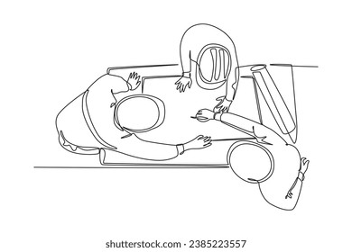 Single one line drawing top view of young architect and construction builder discussing blueprint building design. Home architecture concept. Continuous line draw design graphic vector illustration