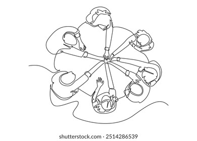 Single one line drawing top view group of young male female business people unite their hands together to form circle shape symbol. Teamwork concept. Continuous line design graphic vector illustration