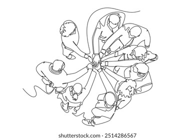 Single one line drawing top view of group young happy business people unite their hands together to form circle shape symbol. Teamwork concept. Continuous line draw design graphic vector illustration