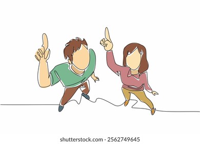 Single one line drawing top view, a man and a woman standing close together with their heads tilted upwards. Shooting star. Amaze. Look Up at The Sky Day. Continuous line design graphic illustration