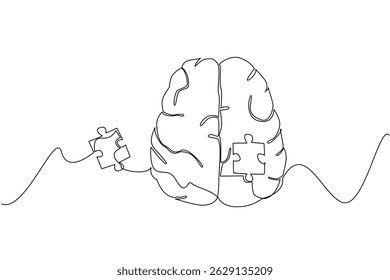 Single one line drawing top view, brain has puzzle pieces in middle that are loose outside brain. Structures in brain that change. World Schizophrenia Day. Continuous line design graphic illustration