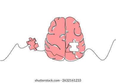 Single one line drawing top view, brain has puzzle pieces in middle that are loose outside brain. Structures in brain that change. World Schizophrenia Day. Continuous line design graphic illustration