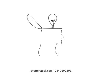 Single one line drawing the top of head is open and there is lightbulb above it. Do some brainstorming. Sensitivity of thinking. National Creativity Day. Continuous line design graphic illustration