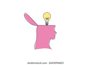 Single one line drawing the top of head is open and there is lightbulb above it. Do some brainstorming. Sensitivity of thinking. National Creativity Day. Continuous line design graphic illustration