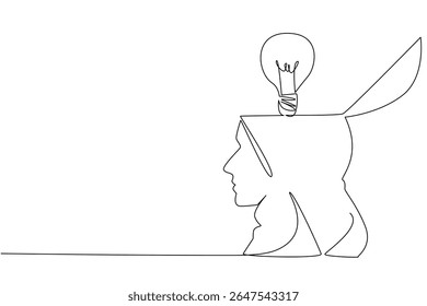 Single one line drawing the top of head is open and there is lightbulb above it. Exchange ideas. Open wider perspectives. Solution. National Creativity Day. Continuous line design graphic illustration
