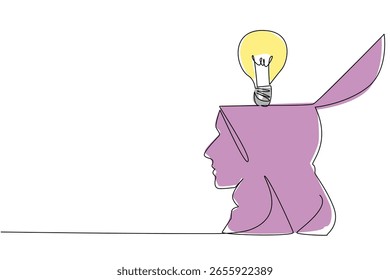 Single one line drawing the top of head is open and there is lightbulb above it. Exchange ideas. Open wider perspectives. Solution. National Creativity Day. Continuous line design graphic illustration
