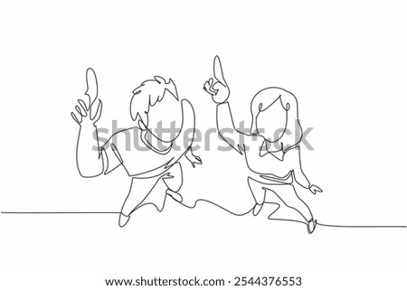 Single one line drawing top view, a man and a woman standing close together with their heads tilted upwards. Shooting star. Amaze. Look Up at The Sky Day. Continuous line design graphic illustration
