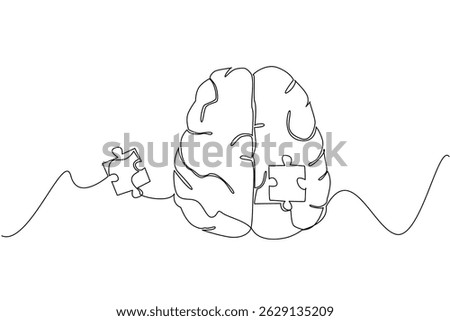 Single one line drawing top view, brain has puzzle pieces in middle that are loose outside brain. Structures in brain that change. World Schizophrenia Day. Continuous line design graphic illustration