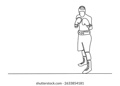 Single one line drawing tough male boxer posing in boxing stance. Professional fighter ready for boxing match. Sport, healthy, body, strength. Continuous line draw design graphic vector illustration