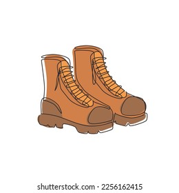 Das Symbol für Wanderstiefel ist eine einzige Linie, die touristische Wanderstiefel zeichnet. Trekking Schuhe Vektorgrafik. Outdoor-Aktivität Männer Schuhe. Outdoor Lederstiefel Symbol. Abenteuerschuhe. Grafische Abbildung der Leiterbahnzeichnung