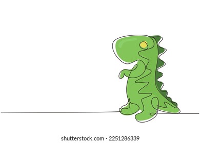 Single one line drawing toy dinosaur, soft fluffy toy. Cute dinosaur plush toy. Stuffed toy baby dinosaur. Series of children's toys. Modern continuous line draw design graphic vector illustration