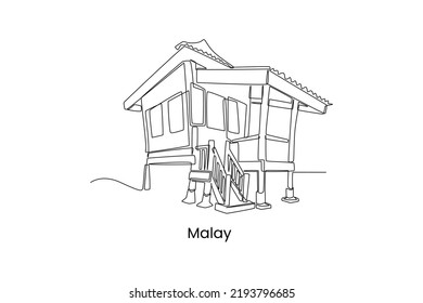 Single one line drawing  Traditional Malay House in Malaysia. Traditional house concept. Continuous line draw design graphic vector illustration.