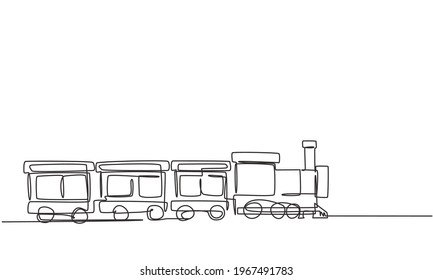 Single one line drawing of a train locomotive with three carriages in the form of a roving steam system in an amusement park to transport passengers. One line draw design graphic vector illustration.