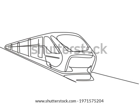 Single one line drawing of train seen from the front prepares to carry passengers quickly, safely and comfortably to their destination. Modern continuous line draw design graphic vector illustration.